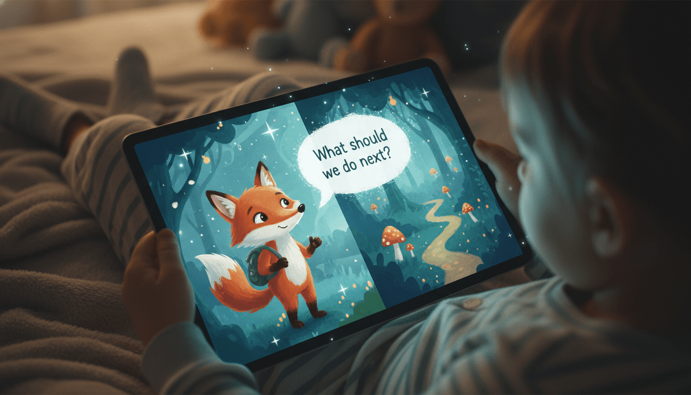 Open interactive storybook on a glowing tablet held by a child, with the protagonist character chatting through a speech bubble asking what to do next