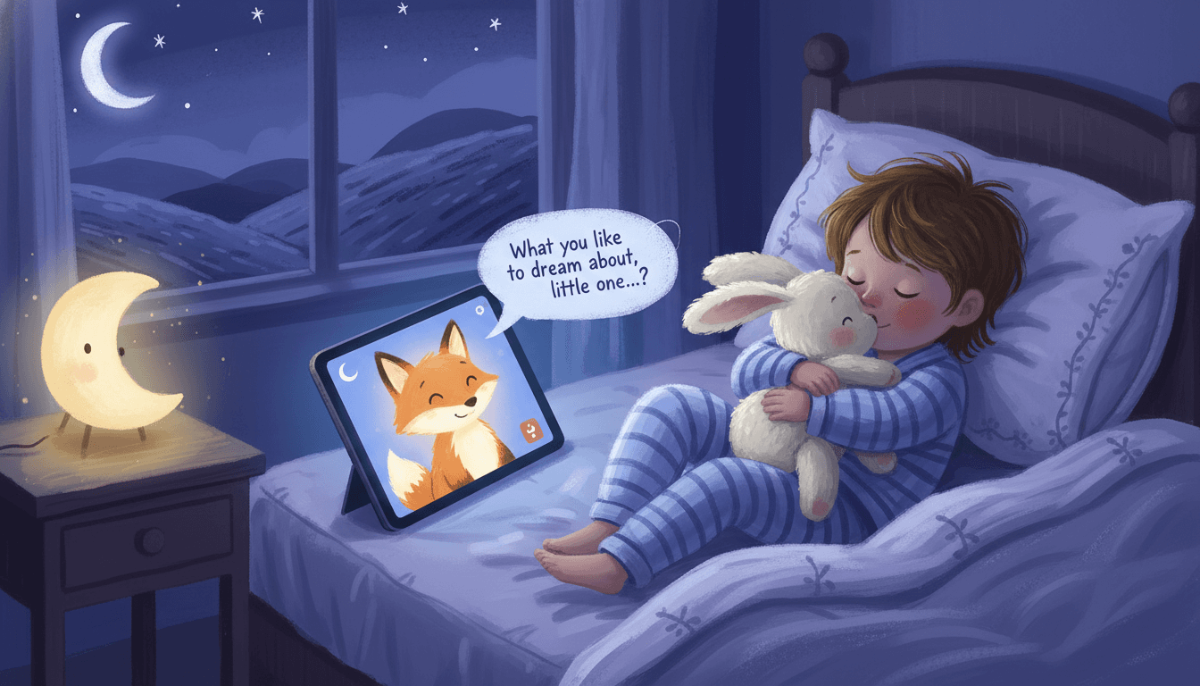 Child in pajamas snuggled with a stuffed rabbit and an interactive bedtime storybook open on a tablet showing a fox character ready to chat