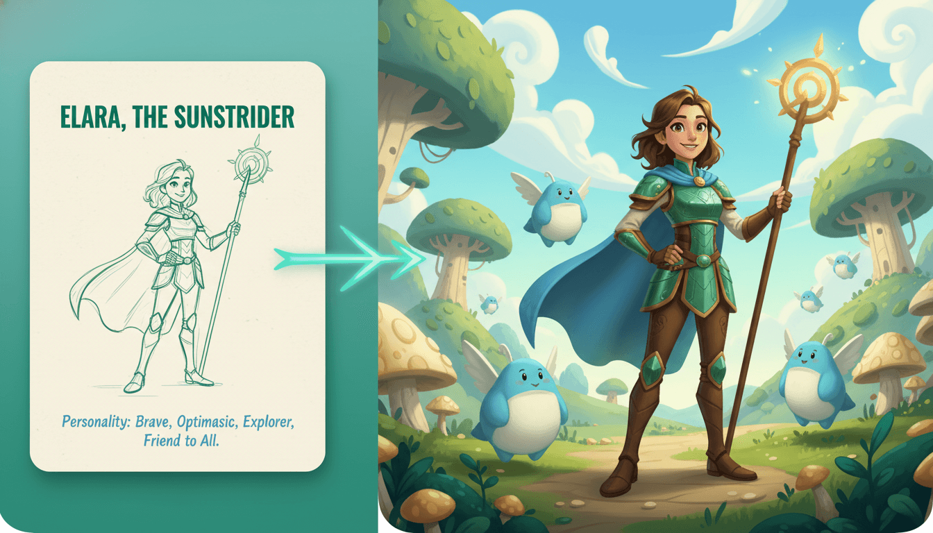 A simple original character concept card on the left turning into a fully illustrated story hero standing in a colorful wholesome fantasy scene on the right