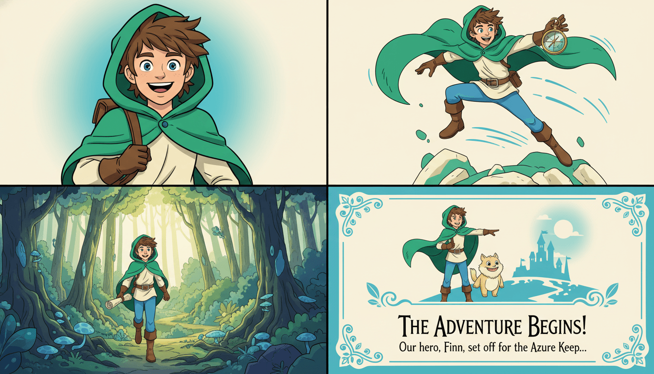 The same original character rendered identically across four panels — portrait, action pose, exploring a forest, and starring in a story page — showing perfect character consistency