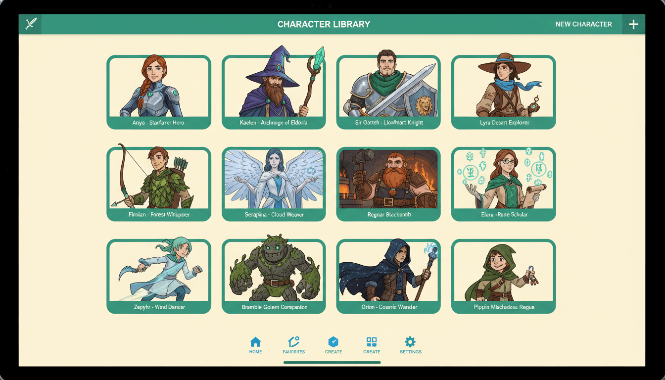 A character library screen filled with a dozen saved original characters as consistent portrait cards in a matching illustrated style