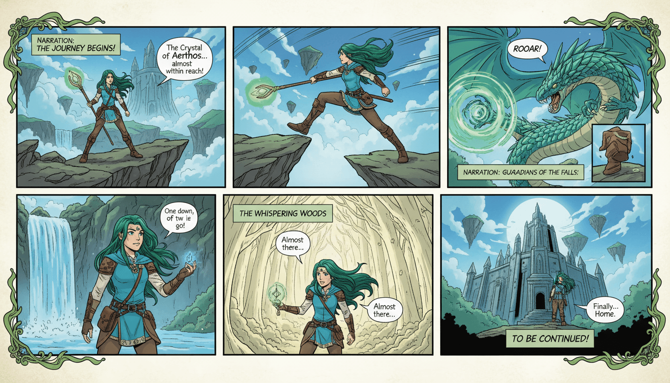 A finished multi-panel illustrated story page starring an original character on a quest, with dialogue and narration boxes, the same character on-model in every panel