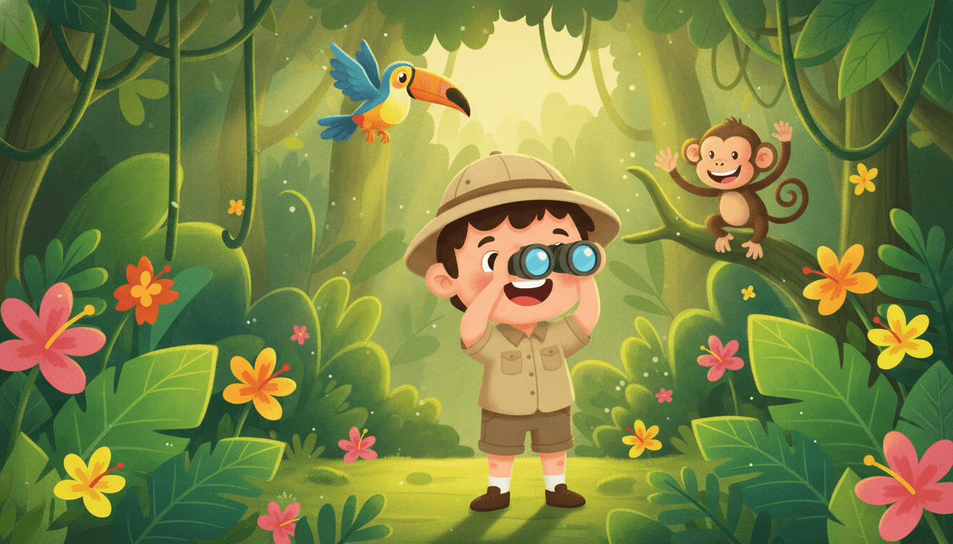 A happy young explorer in a khaki safari outfit holding binoculars in a lush tropical jungle with a friendly monkey and a toucan in an AI-generated jungle story