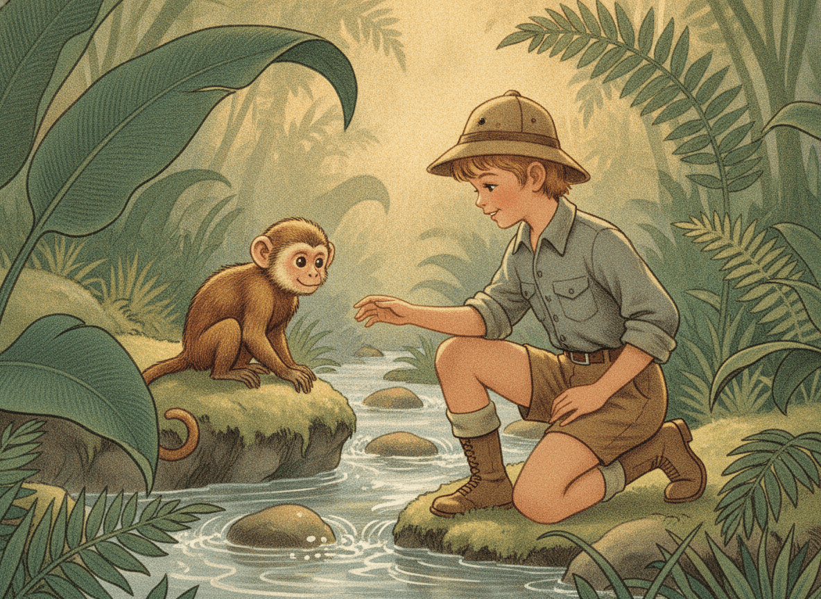 Classic storybook style illustration of a young explorer greeting a friendly monkey beside a jungle stream