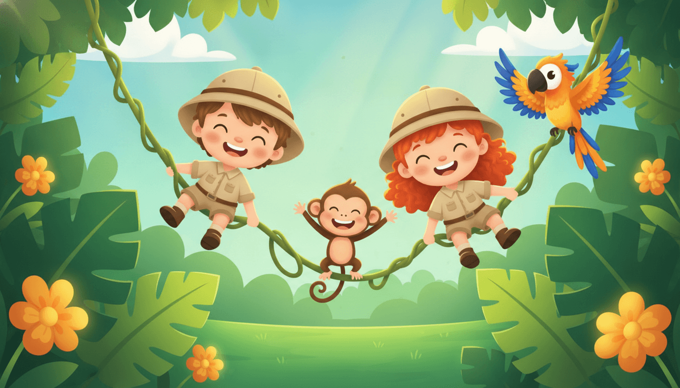 Two happy little explorer friends swinging on jungle vines with a playful monkey and a colorful parrot