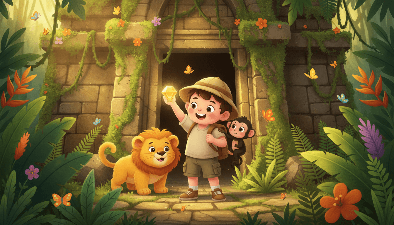 A curious young explorer discovering an ancient overgrown jungle temple holding up a glowing golden gem with a lion cub and a monkey nearby