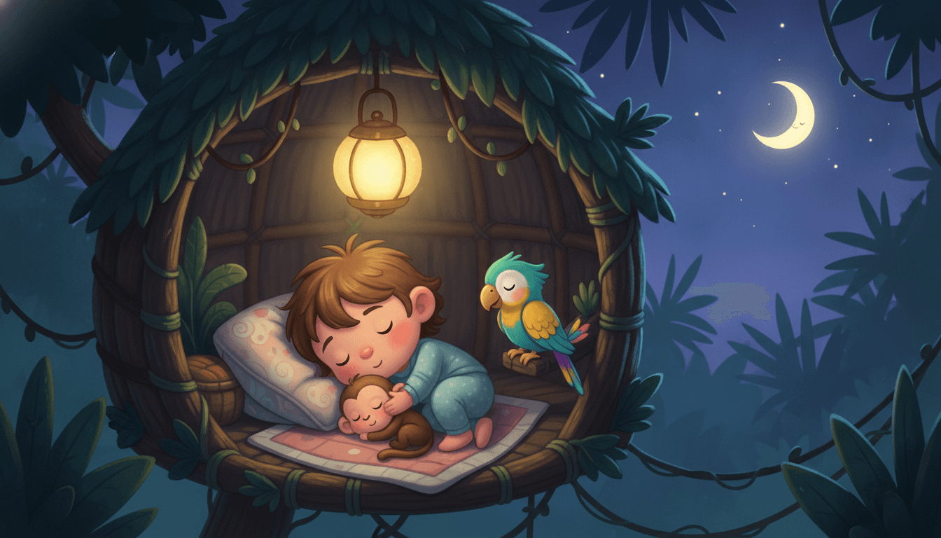 A sweet little explorer resting in a cozy treetop hut at night with a sleepy baby monkey and a parrot under a starry sky