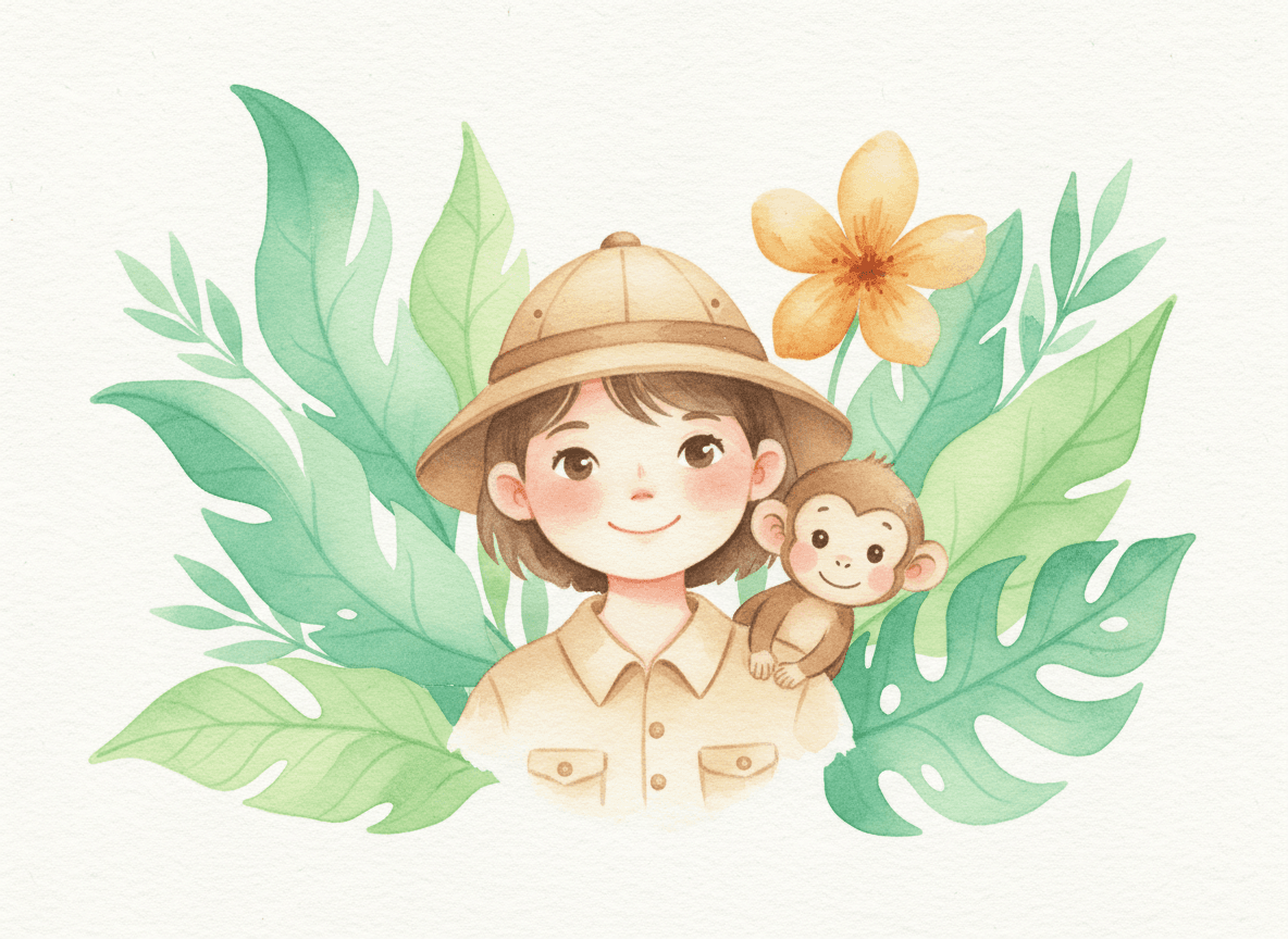 Watercolor style jungle story illustration of a gentle young explorer with a monkey among lush jungle leaves