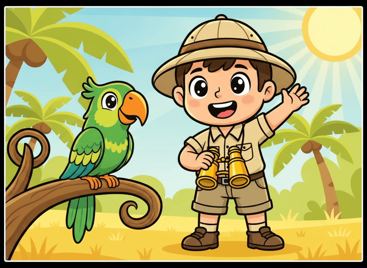 Cartoon style jungle story illustration of a happy little explorer in a safari hat holding binoculars with a parrot