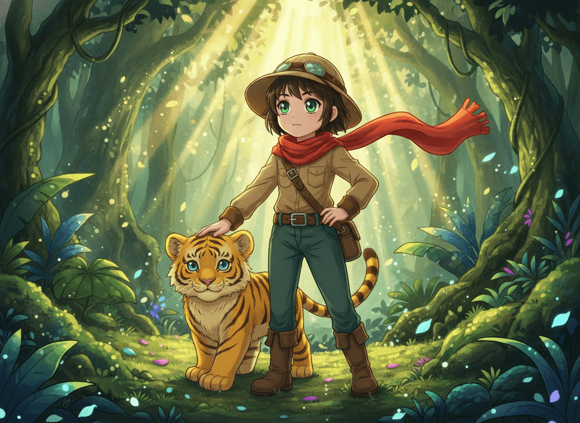 Anime style jungle story illustration of an adventurous young explorer with a tiger cub in a sunlit jungle clearing