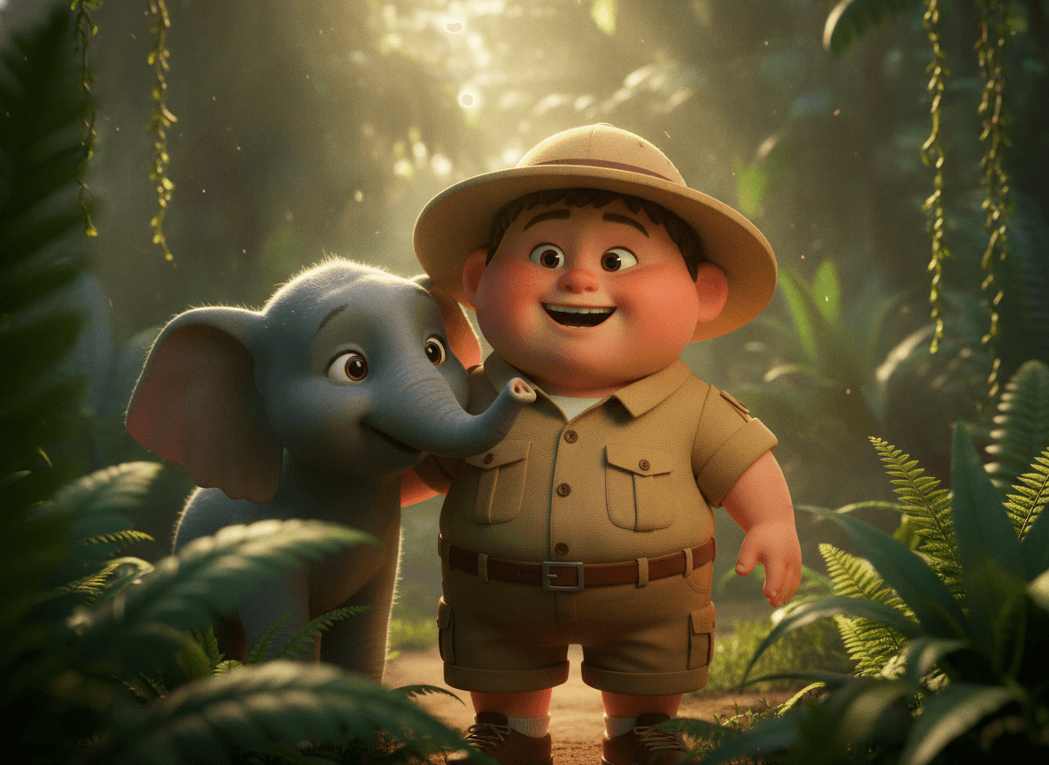 Cinematic 3D style jungle story illustration of an adorable little explorer beside a baby elephant in a sunlit jungle