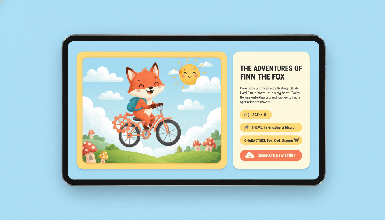 Kids story generator interface showing an illustrated children’s story scene with age, theme and character controls