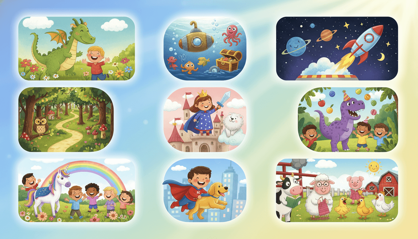 A grid of nine cheerful kids story scenes across dragon, ocean, space, forest, princess, dinosaur, unicorn, superhero and farm themes