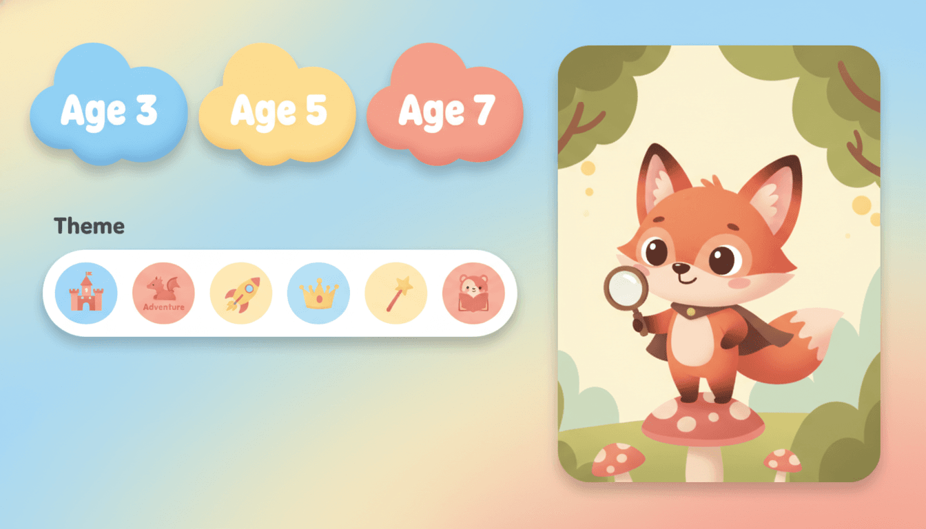 A kids story builder screen with age-level buttons, a theme picker and a live illustrated panel of a little fox hero