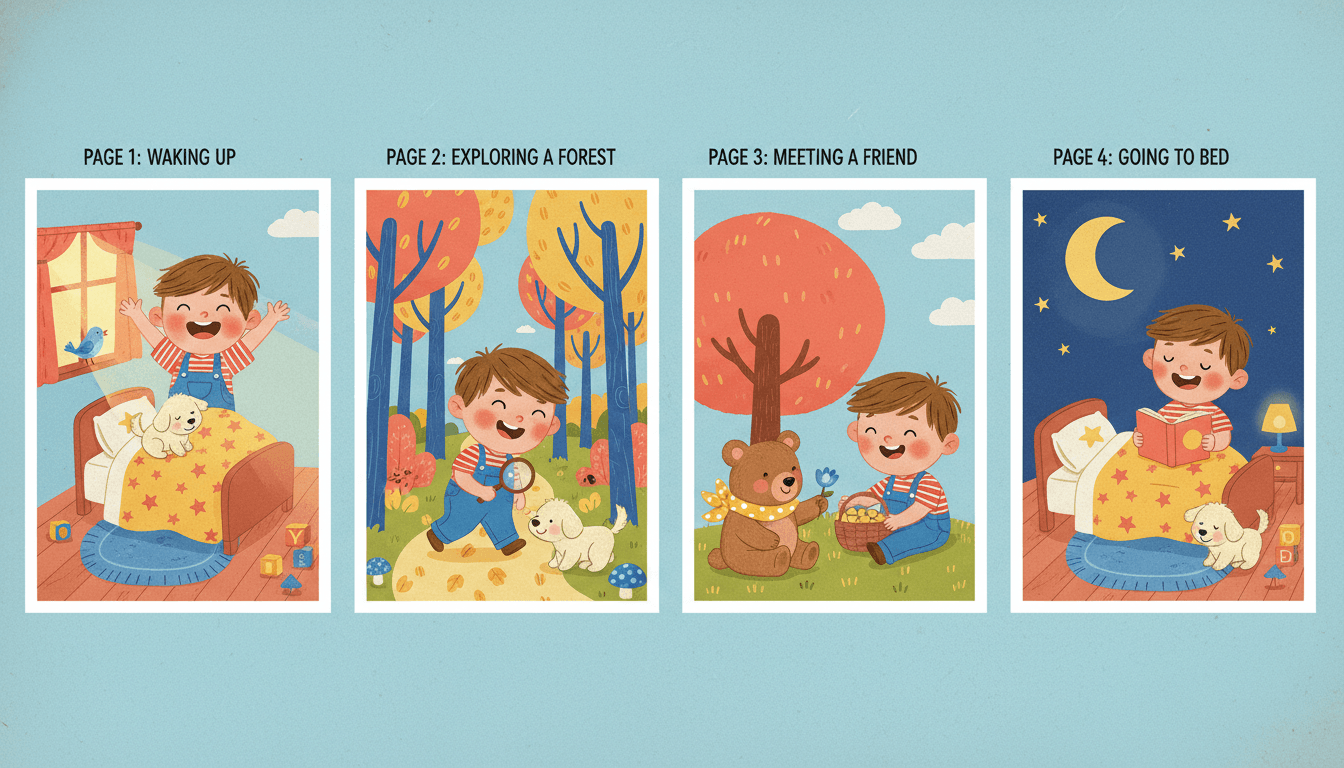 The same kids-story character rendered on-model across four different illustrated story pages