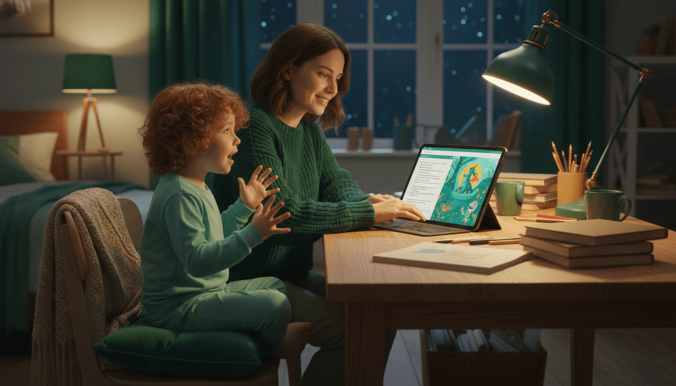 A parent and child at a desk together, the kid dictating their made-up bedtime story while the parent types into a tablet beside an illustrated picture book preview