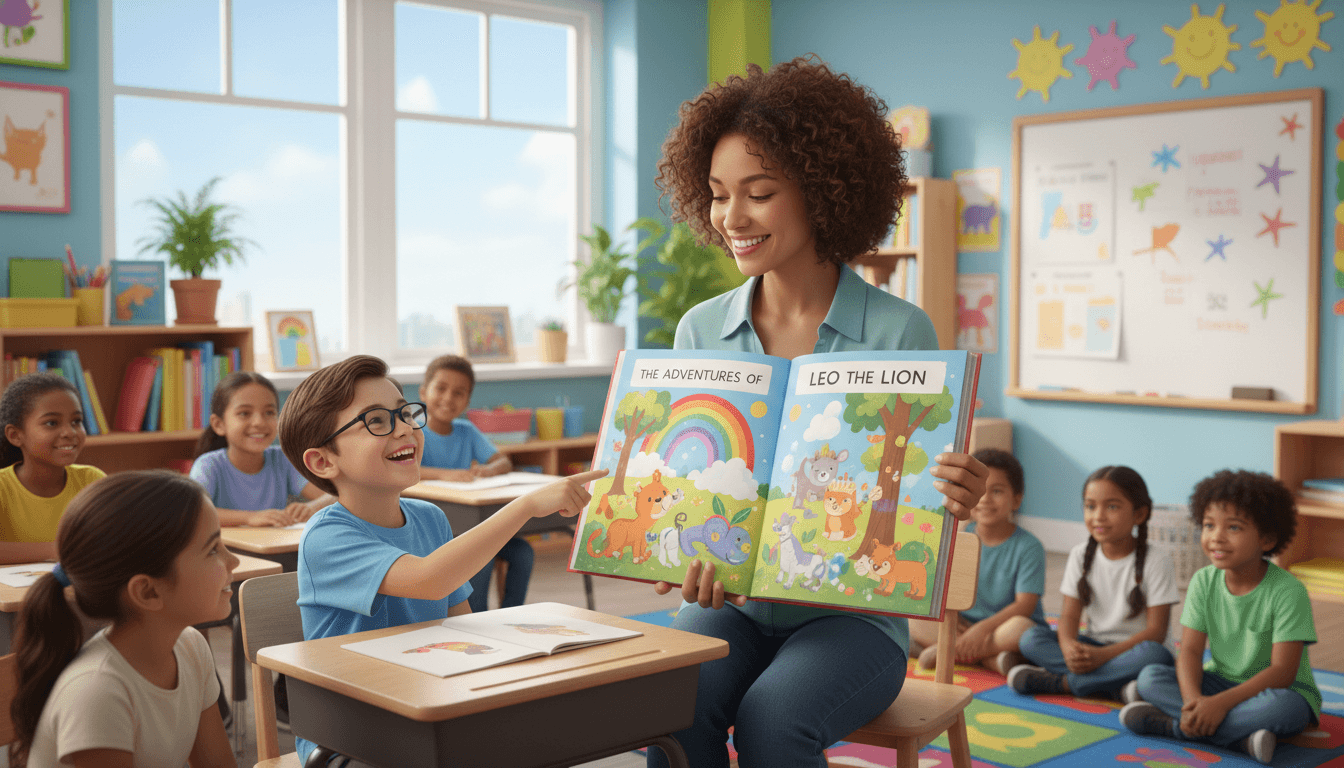 A bright elementary classroom with a teacher holding up an illustrated picture book made from one student's short story