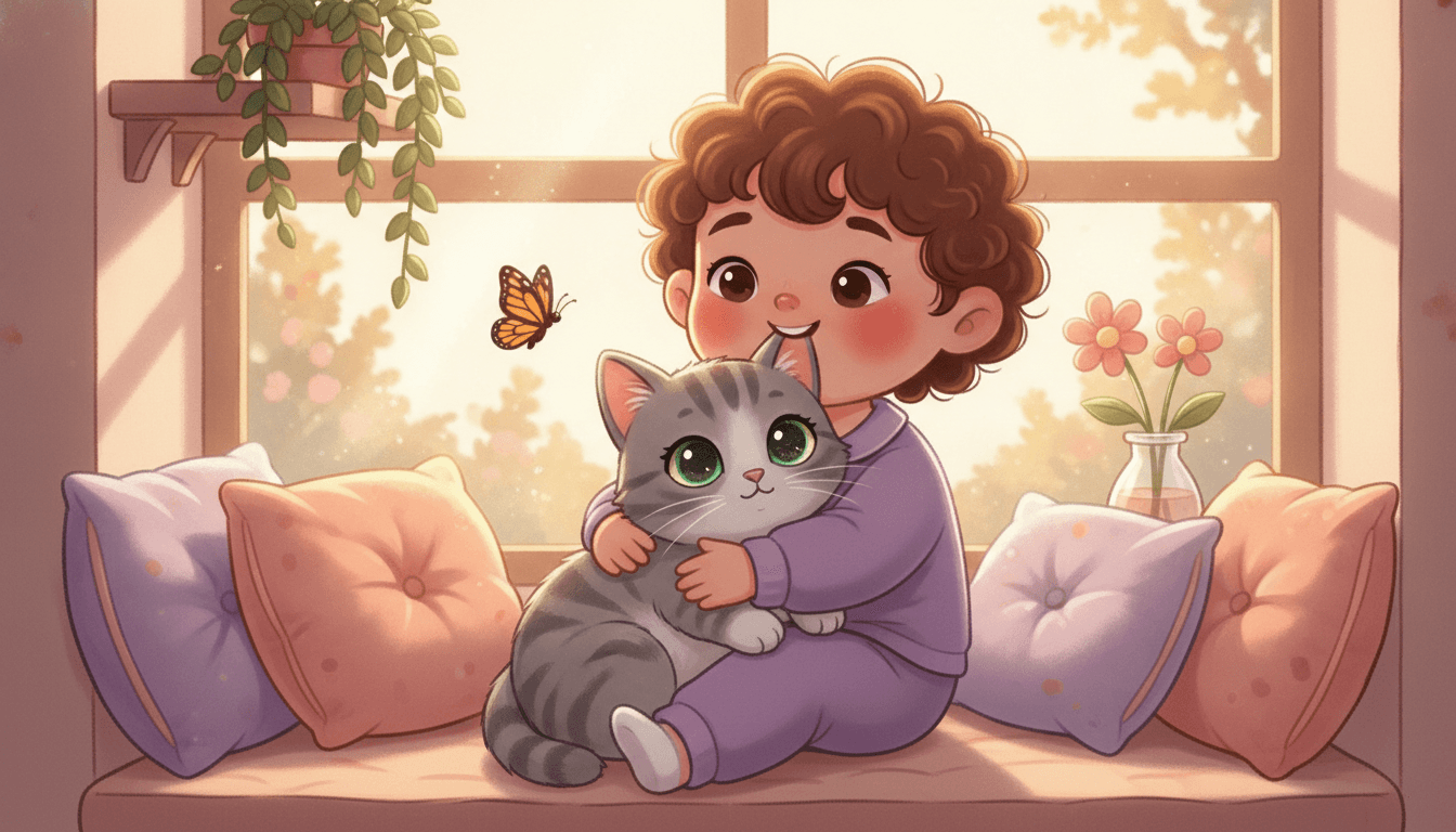 A happy little child gently cuddling a fluffy gray-and-white kitten with big green eyes in a cozy sunlit window nook in an AI-generated kitten story