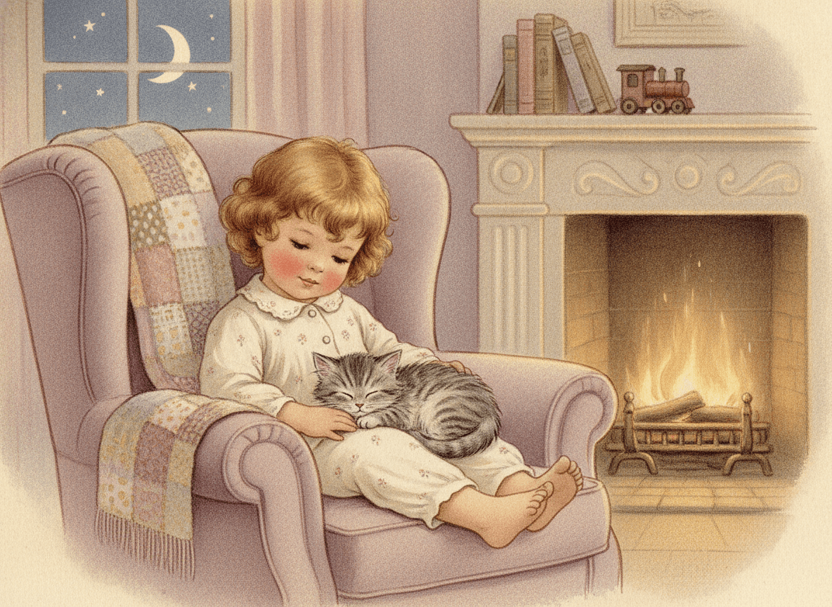 Classic storybook style illustration of a sweet child in a cozy room with a fluffy kitten in their lap