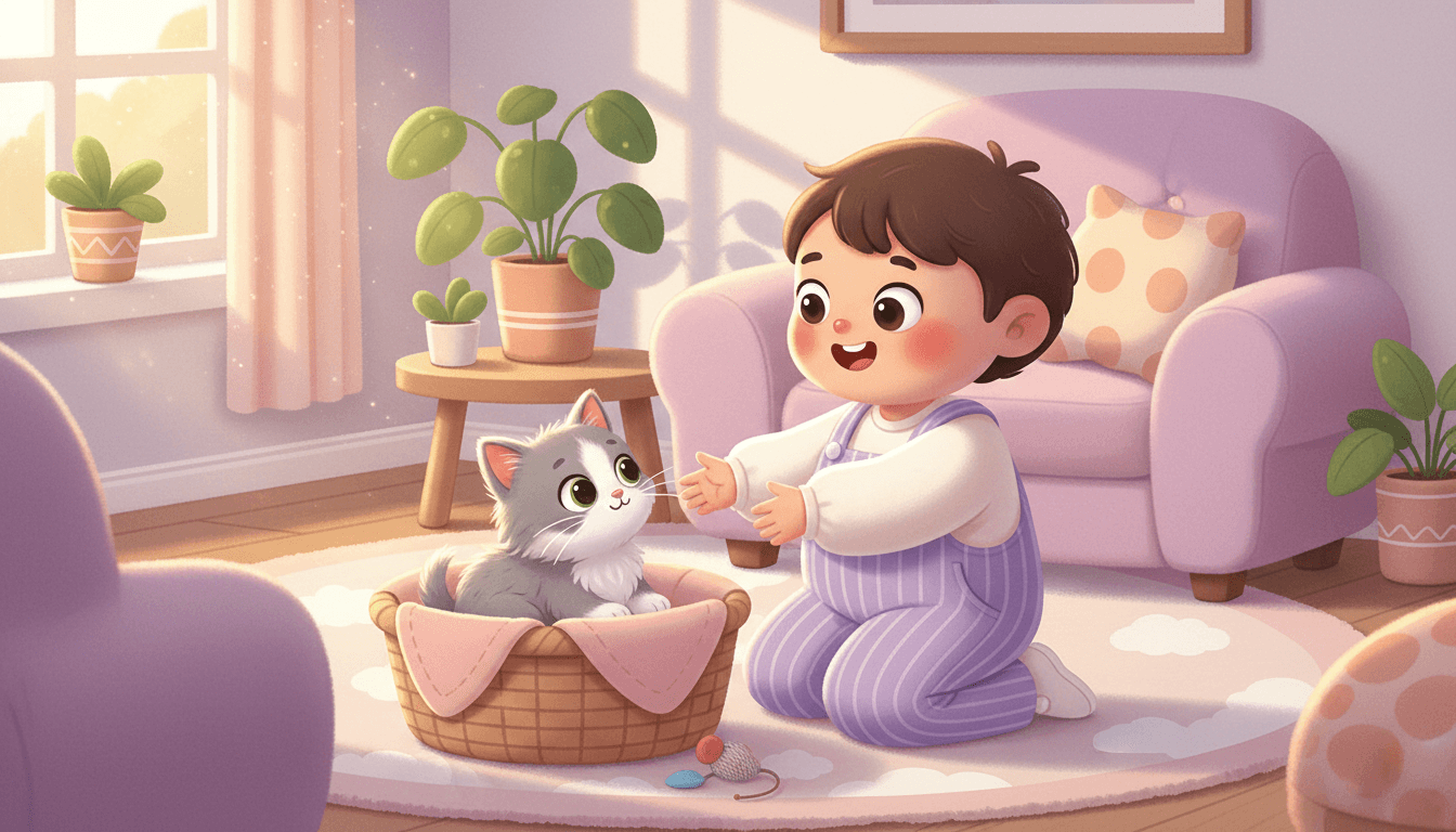 A delighted child kneeling to welcome a tiny fluffy gray-and-white kitten curled in a cozy basket with a soft blanket in a sunlit living room