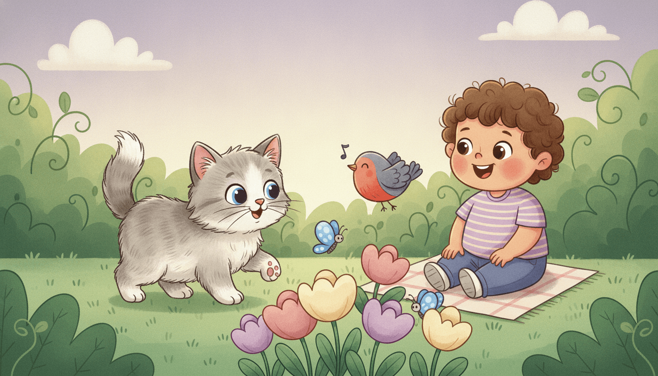 A happy child watching a curious fluffy kitten tiptoe through soft grass to sniff colorful flowers in a sunny garden with butterflies