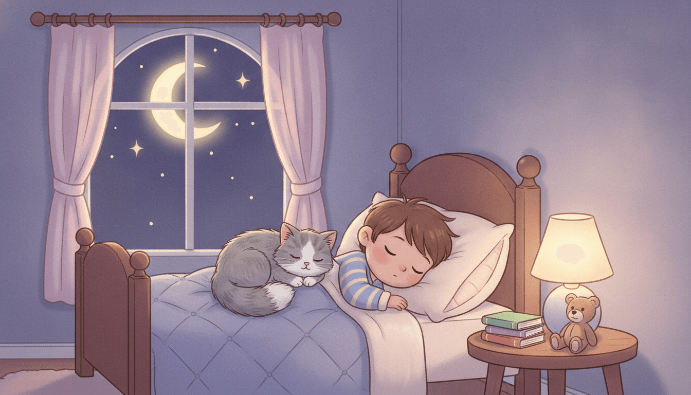 A sleepy little child in pajamas tucked in bed with a fluffy gray-and-white kitten curled up snugly beside them under a glowing crescent moon