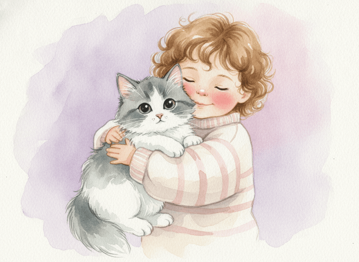 Watercolor style kitten story illustration of a happy child cuddling a fluffy gray-and-white kitten