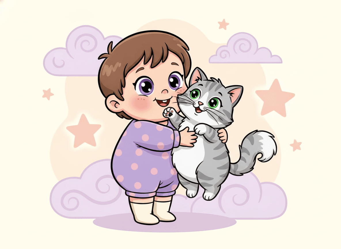 Cartoon style kitten story illustration of a happy child hugging a cheerful fluffy kitten with twitching whiskers