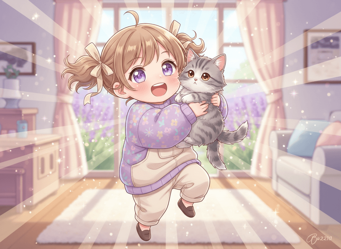 Anime style kitten story illustration of a cute child with sparkling eyes holding a fluffy gray-and-white kitten