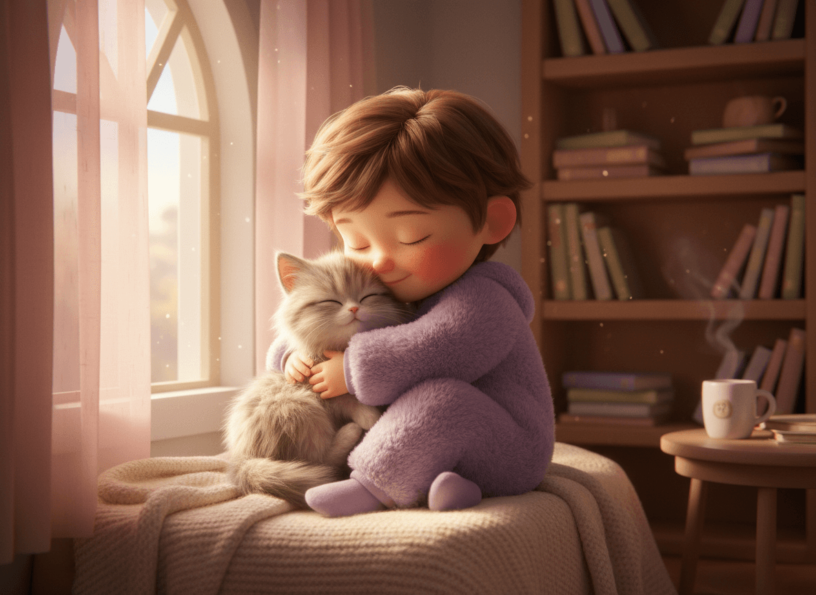 Cinematic 3D style kitten story illustration of an adorable child cuddling a fluffy kitten at golden hour