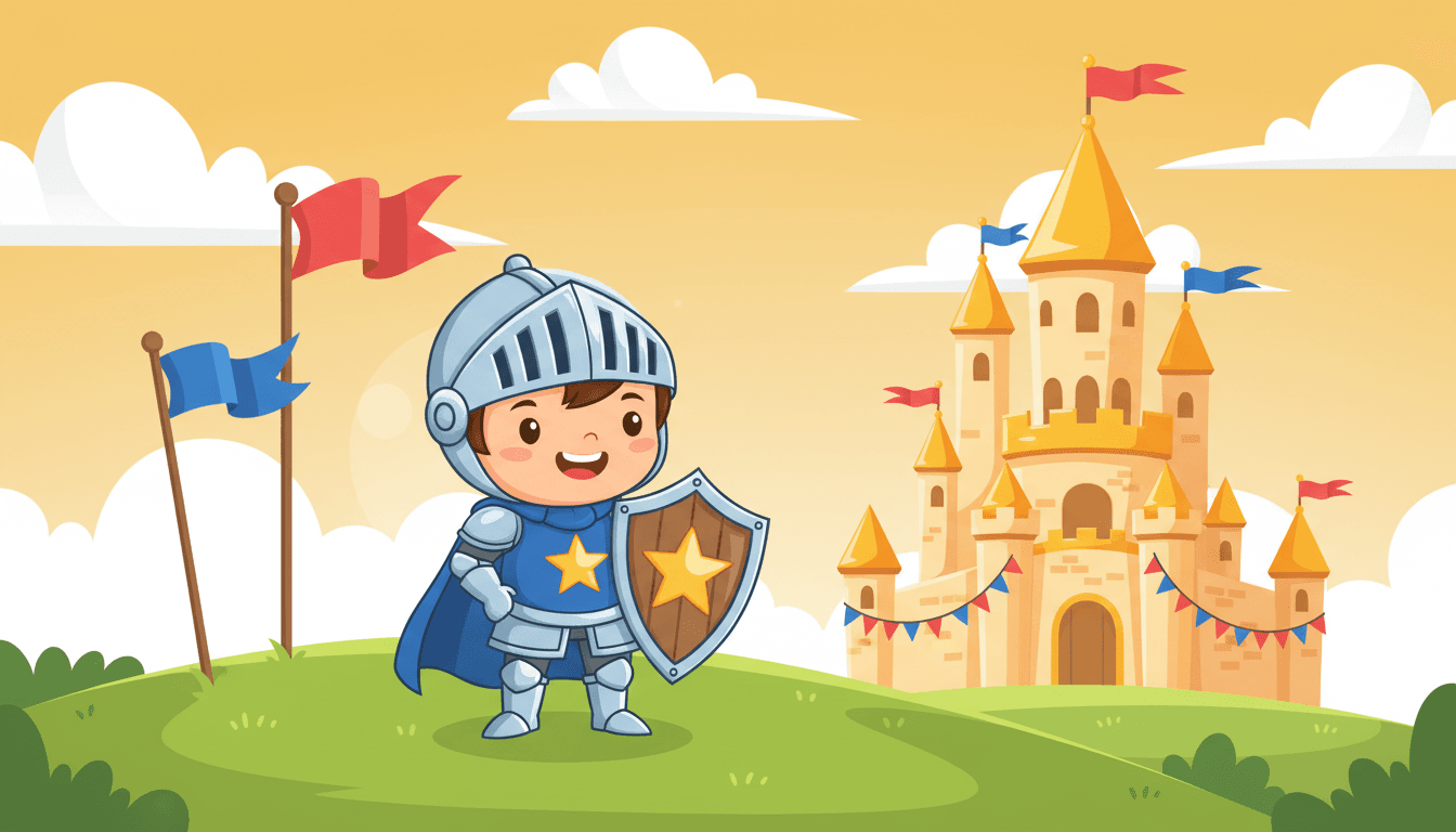 A brave smiling young knight in shining silver armor with a royal blue cape holding a star-crest shield in front of a fairy-tale castle in an AI-generated knight story