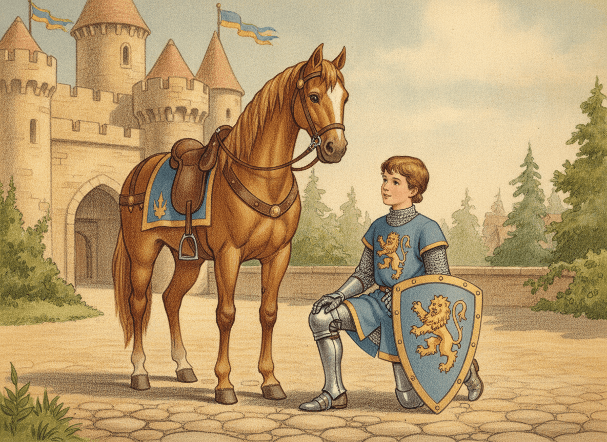 Classic storybook style illustration of a young knight kneeling with a shield beside a noble horse in a castle courtyard