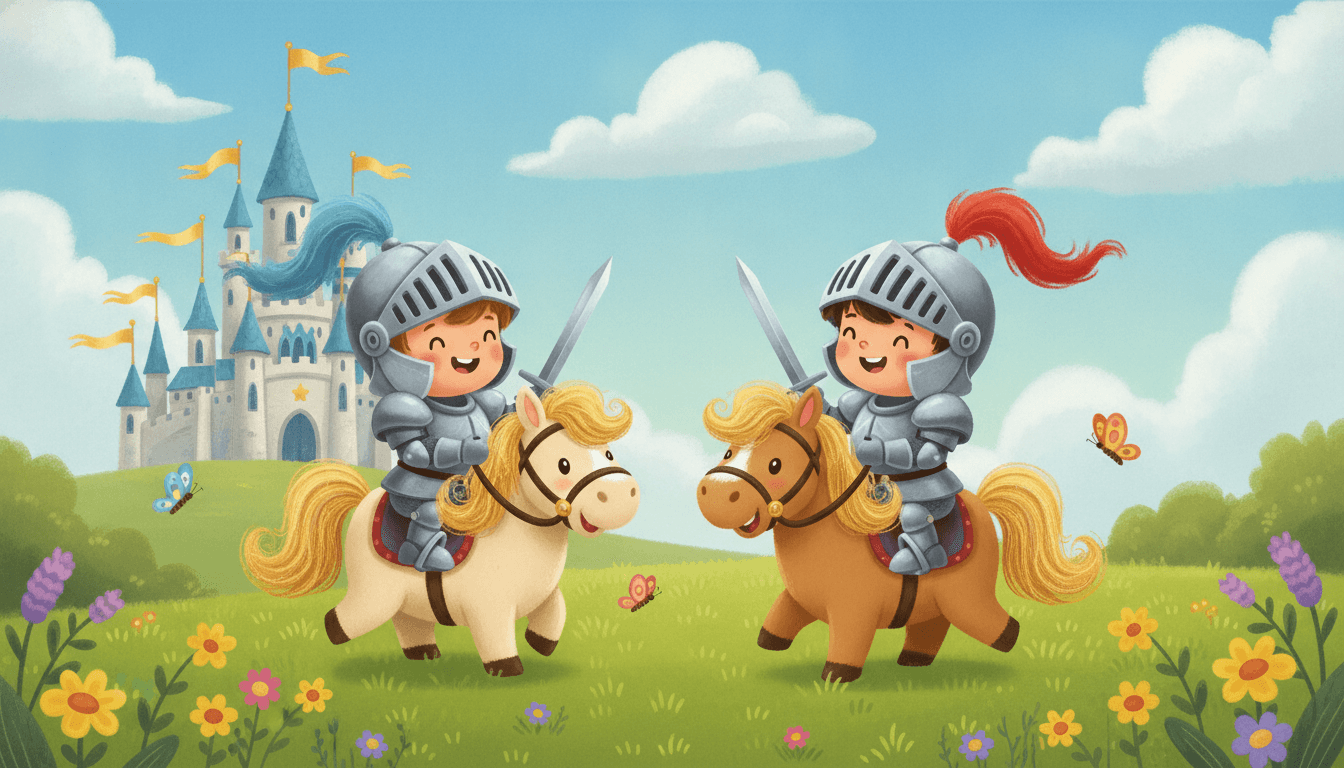 Two happy little knight friends in shiny armor riding gentle ponies across a meadow toward a distant castle