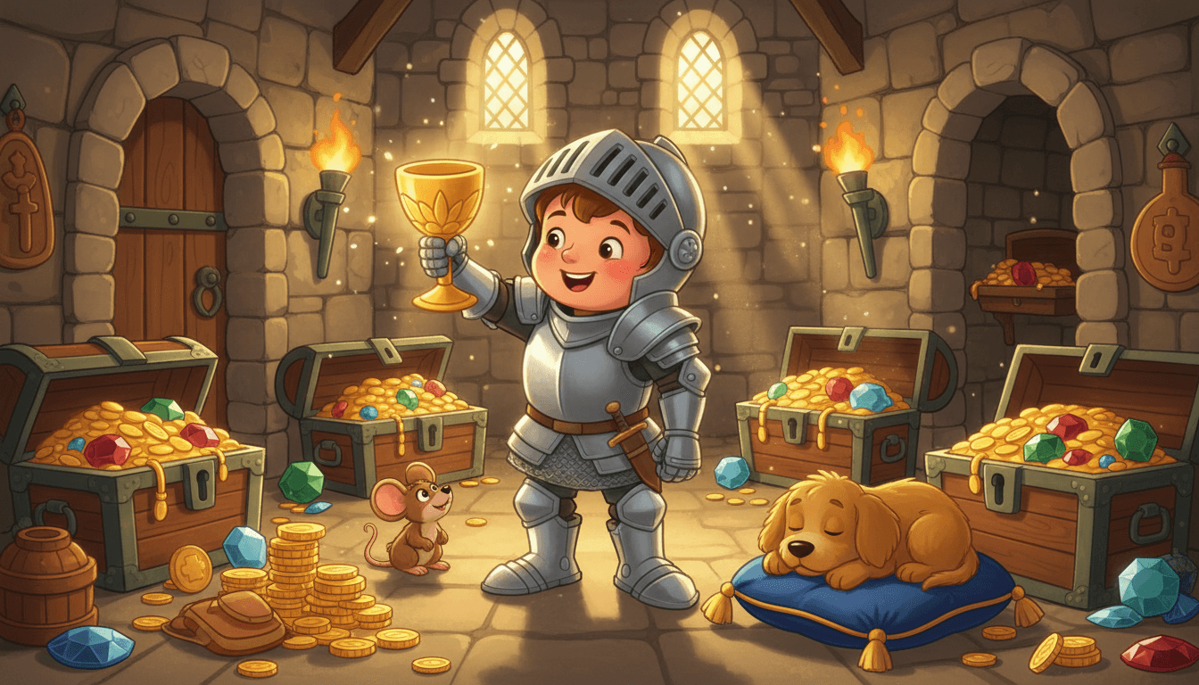 A curious young knight exploring a castle treasure room holding up a glowing golden goblet with a friendly mouse and puppy nearby