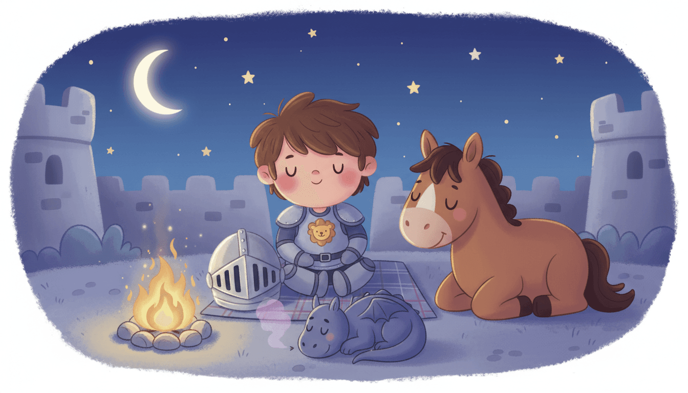 A sweet little knight sitting by a campfire under a starry sky with a resting horse and a sleeping tiny dragon