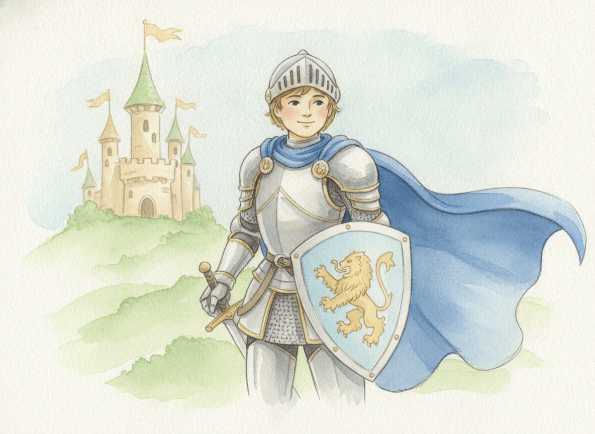 Watercolor style knight story illustration of a gentle young knight with a blue cape and shield by a castle