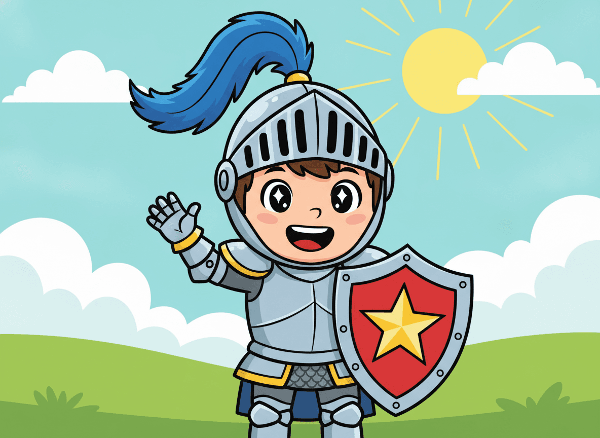 Cartoon style knight story illustration of a happy little knight in shiny armor with a star-crest shield