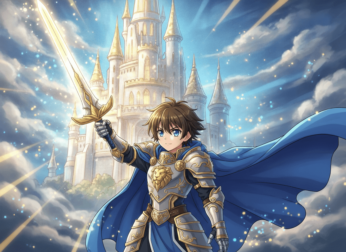 Anime style knight story illustration of a brave young knight with a flowing blue cape and a glowing castle