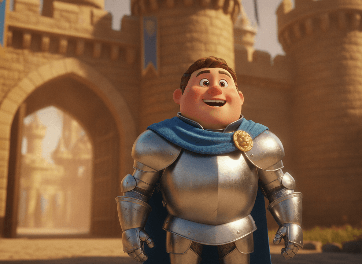 Cinematic 3D style knight story illustration of an adorable little knight in glossy silver armor by a sunlit castle gate