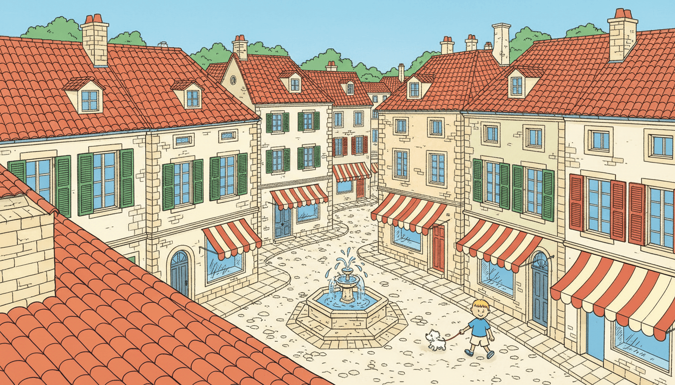 Clear-line illustration of an old-town street seen from above — cobblestones, shuttered windows, striped awnings and terracotta roofs all outlined in one even ink weight, with a child and a small dog walking past in flat sky blue, leaf green and cream