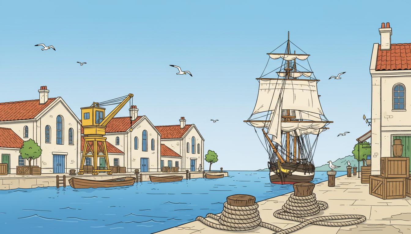 A clear-line harbour scene in which the most distant warehouse window is outlined just as crisply as the rope in the foreground, with no haze or softening at distance