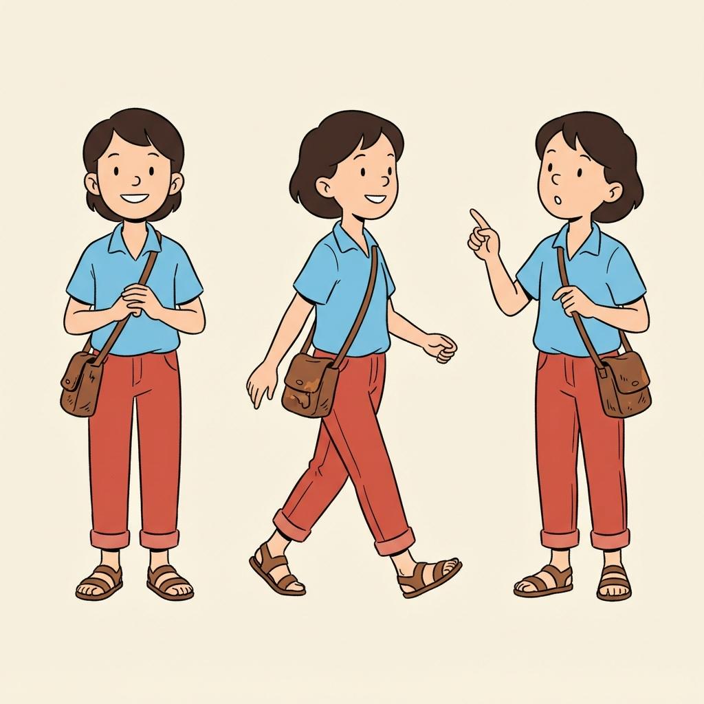 Square clear-line character model sheet showing the same cheerful young character in three consistent poses with identical hair, features and outfit, in uniform thin ink and flat colour