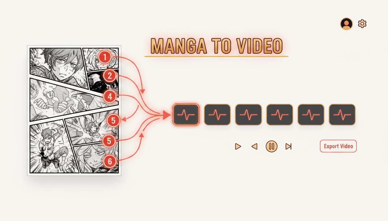 Manga to video interface with a black-and-white manga page on the left, its slanted panels numbered in right-to-left reading order, each one flowing into a shot card on a video timeline
