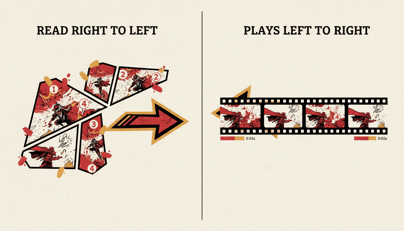 Split comparison showing a manga page read right to left from the top-right corner on the left side and the same panels laid out as sequential timed shots on a film strip on the right