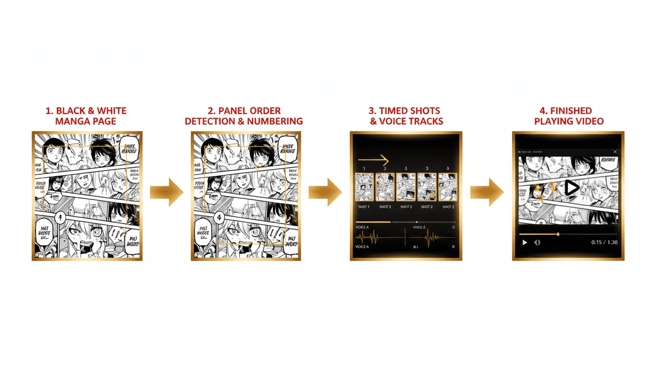 A pipeline diagram showing a manga page, then the same page with right-to-left panel order detected and numbered, then timed shots with voice tracks, then a finished playing video