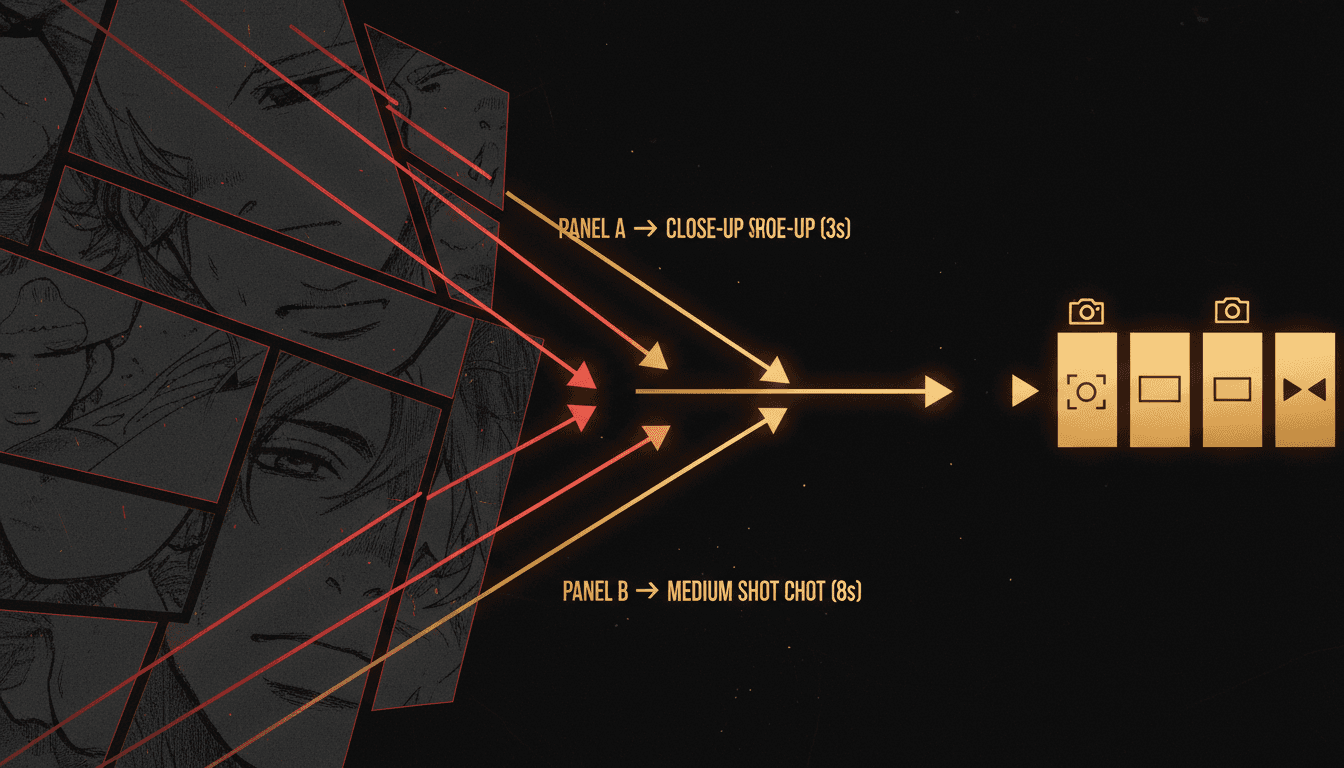 A manga page of irregular diagonal panels with glowing guides tracing each panel slant and size, mapped to camera framing and shot length on a video timeline