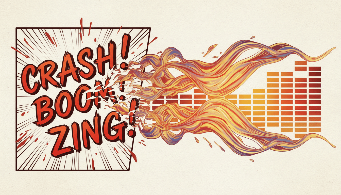 Bold drawn onomatopoeia lettering crashing across a manga panel and dissolving into rippling sound waves and audio bars