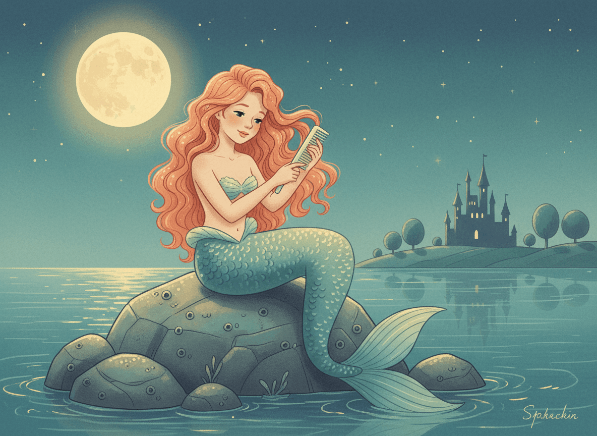 Classic storybook style illustration of a mermaid combing her hair by a moonlit sea