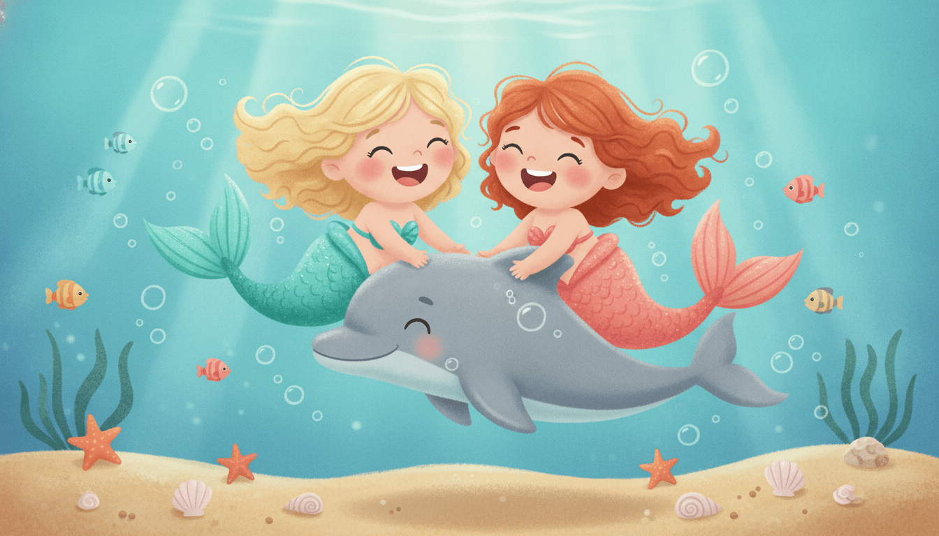 Two happy little mermaid friends riding on the back of a friendly dolphin through bright aqua water