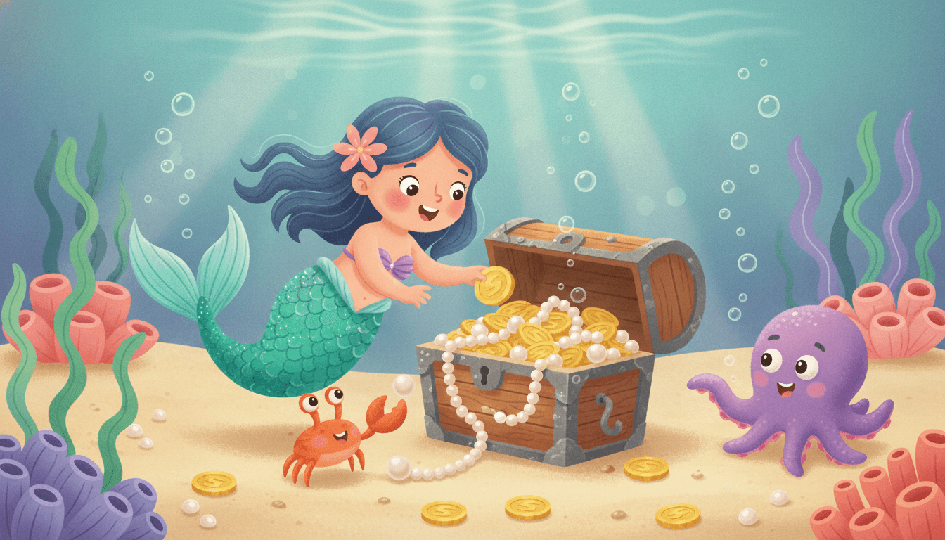 A curious young mermaid exploring a treasure chest spilling pearls with a smiling crab and octopus helping